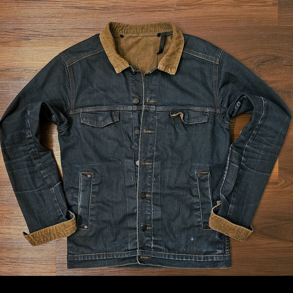 Comune Dark Wash Stretch Denim Jean Jacket Corduroy Collar & Trim Women's Size L